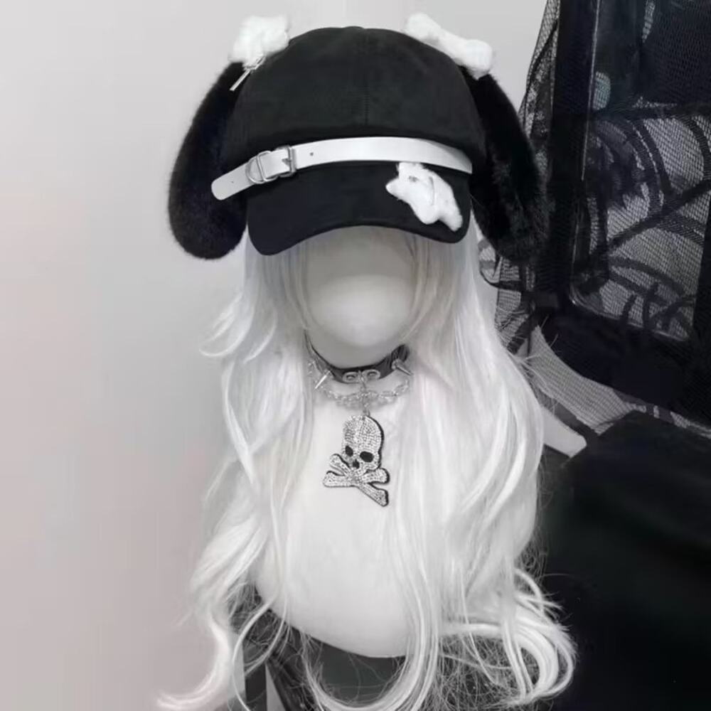 Harajuku Kawaii Black Bunny Puppy Ear Hat w/ White Buckle Strap & Plush Accents